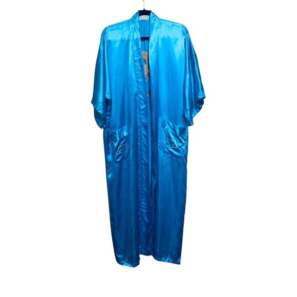 Vintage Blue Satin 5-Claw Dragon Embroidered Kimono Robe Pockets For Men Women - Picture 6 of 13